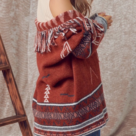 Brick Red Tribal Print Fringe Open Front Cardigan - Picture 3 of 8